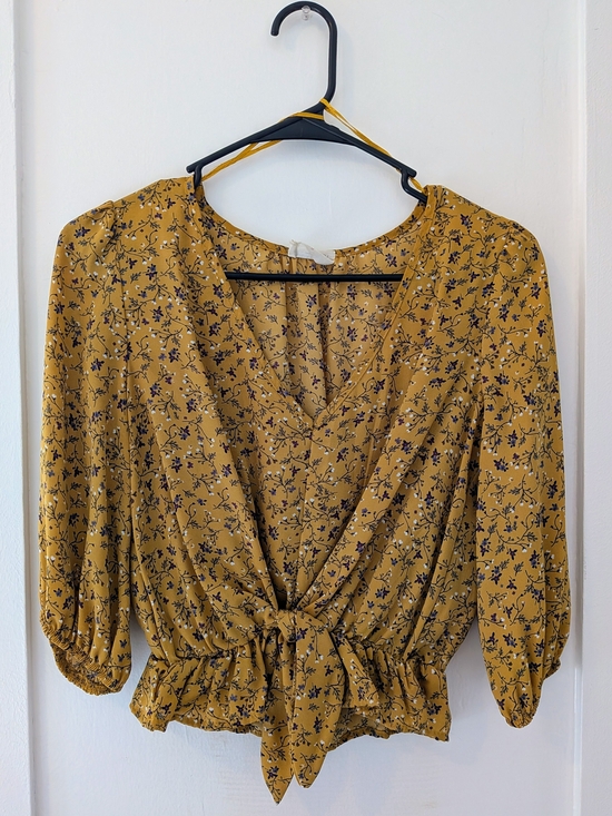Sienna Sky Tops - Sienna Sky Mustard Floral Tie-Front Long Sleeve Top